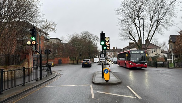 Hither Green Lane junction with Duncrievie Road No right turn except buses